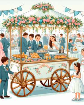 Carrito de snacks preparado para eventos de primera comunión.